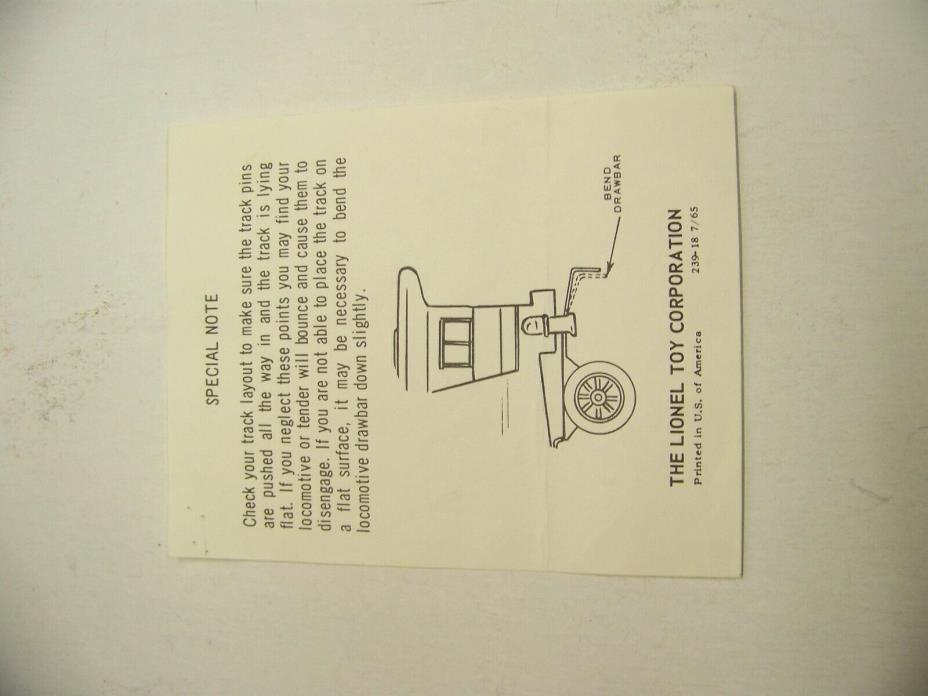 Lionel toy train original paper instruction sheet 239-18 7/65 special note