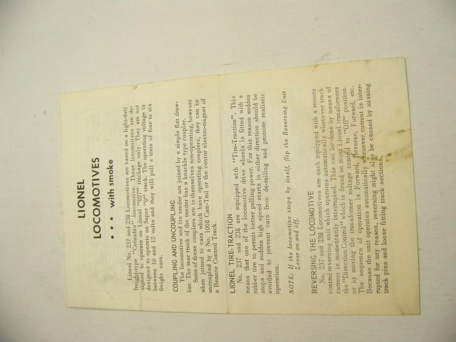 Lionel toy train original paper instruction sheet 237-11 3/63 90 day warranty