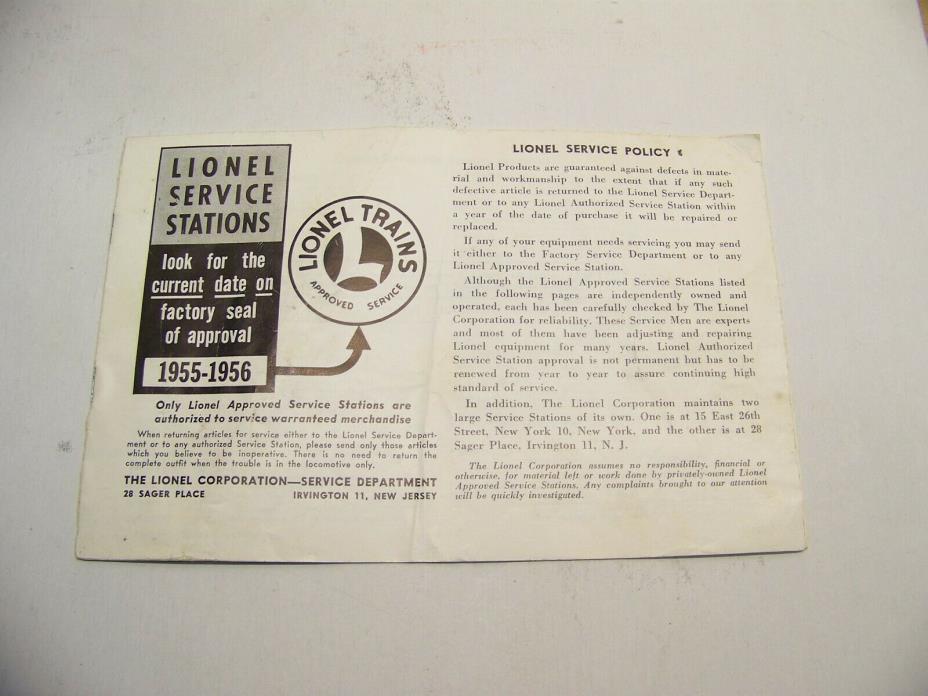 Lionel toy train original paper instruction sheet 1955-56 service station