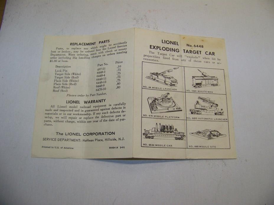 Lionel toy train original paper instruction sheet 6448-14 3-61 target car