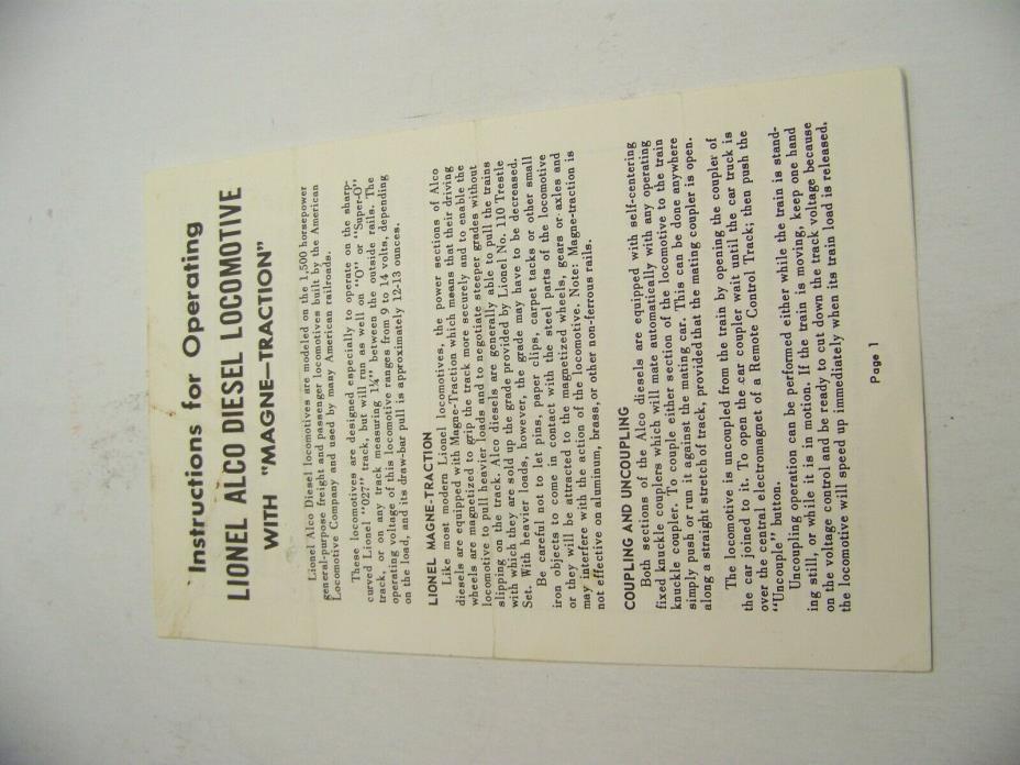 Lionel toy train original paper instruction sheet 225-6 3-60 Alco 90 day