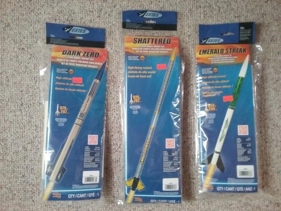 3  ESTES MODEL ROCKET KITS Dark Zero 2463, Shattered 2439, Emerald Streak 2436