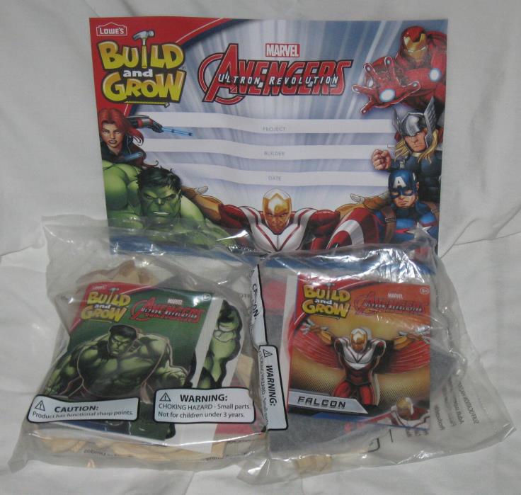 (4pc) Lowe's Build & Grow Kits Marvel Avengers Hulk,Falcon + 2 Build Cert. NIP