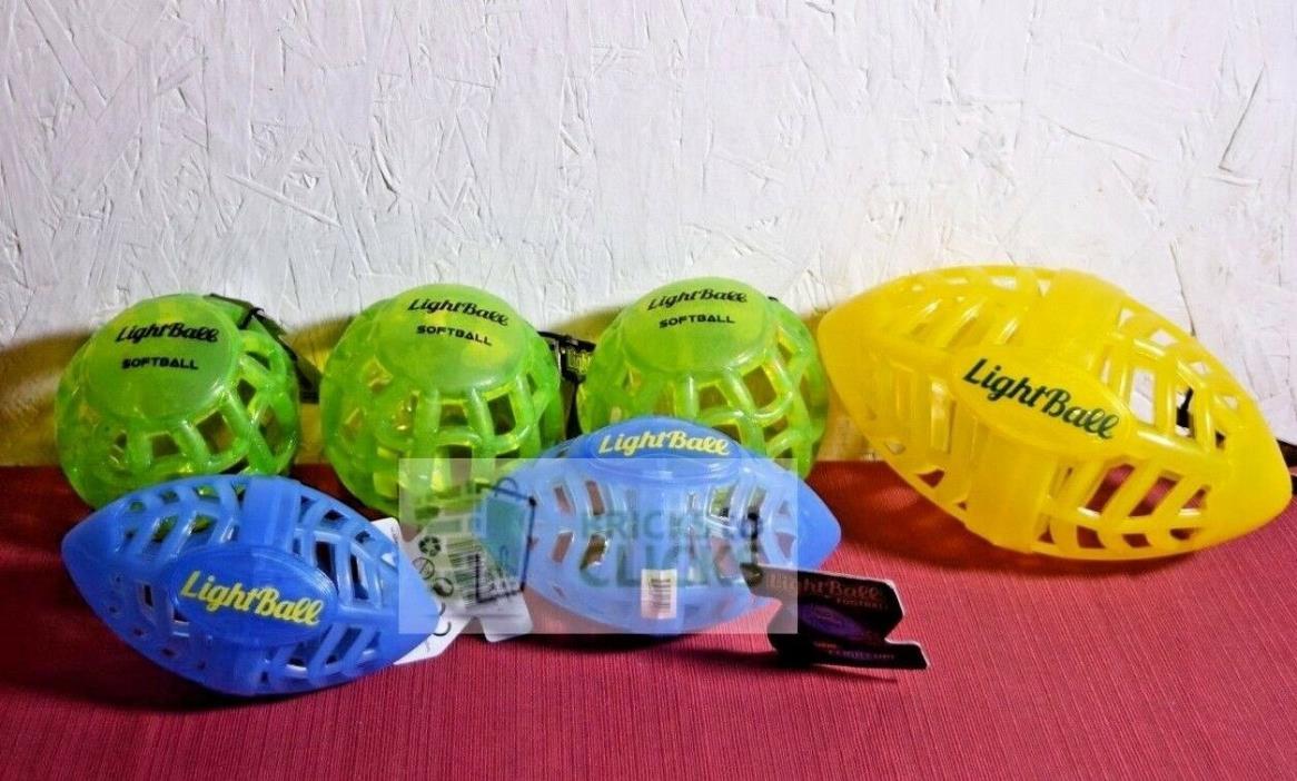 Lightball- Football Mini Blue, Football Yellow Large, Softball Green Lot X6