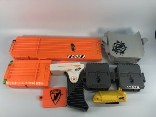 Nerf Accessories Lot: 2 Magazines, 2 Flip Clips, Grip, Holster, Battery Cover