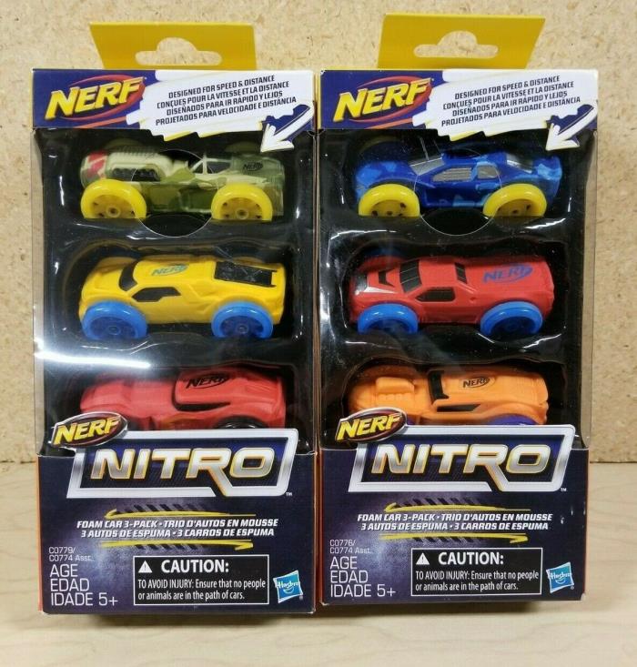 New Nerf Nitro Foam Car 3 to a Pack (2 Packs) Total of 6 New Sealed Free Shippin
