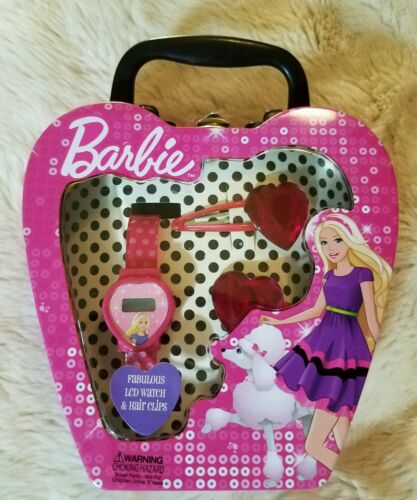 Barbie Watch LCD Watch & Hair Clips In A Carry Metal Tin Adorable  Fun Love Love