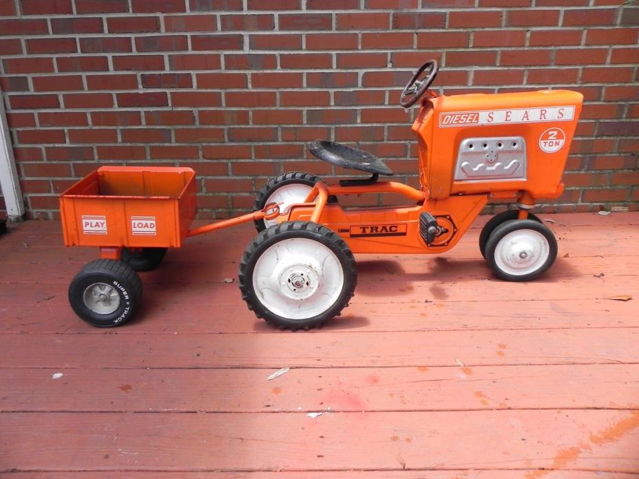 Vintage Sears Diesel 2 Ton Trac Metal Pedal Car Tractor with Play Load Trailer
