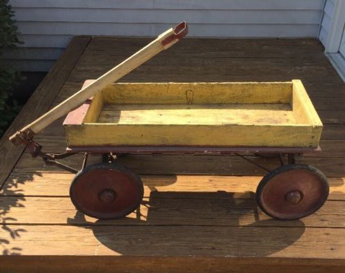 Vintage 1920's Wooden Wagon, Original Red & Yellow Paint, Nice Primitive Piece!