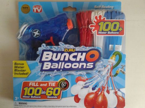 LOT of 10 ZURU 100 Bunch O Balloons RED, WHITE & BLUE w/ Bonus Water Blaster