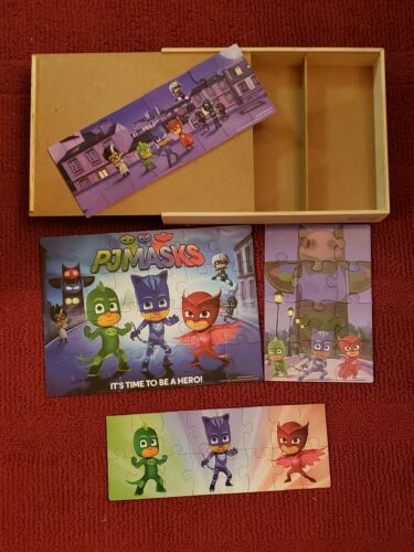 MINT - PJ MASKS: It's Time To Be A Hero - 4 Puzzle Pack in Wood Box - LOOKS NEW
