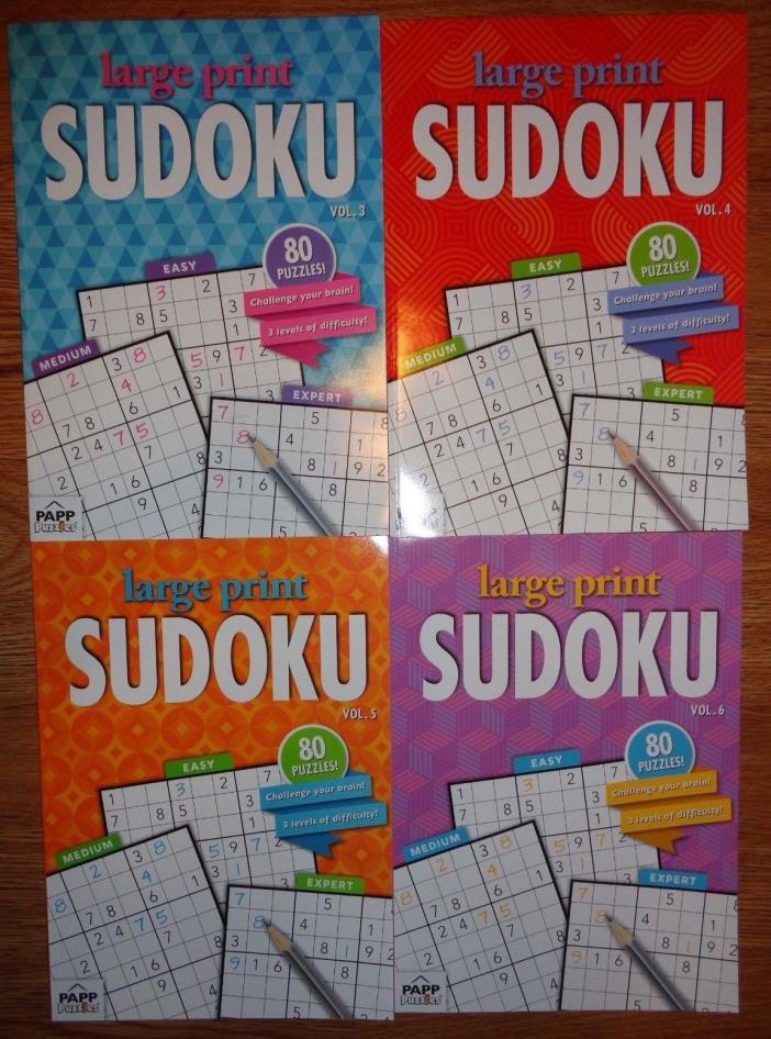 Lot of 4 Papp Large Print Sudoku Puzzles 3 Levels of Difficulty 80 Puzzles Each