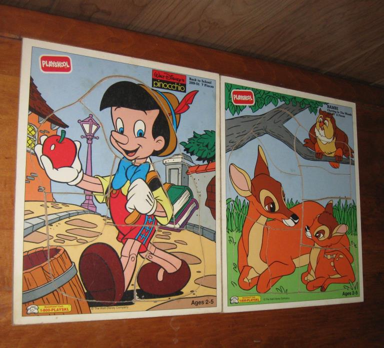 Vintage Playskool Walt Disney's Pinocchio #289-01 & Bambi #289-07 Frame Puzzles