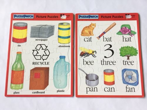 Vintage Lot Of 2 Puzzle Patch Picture Puzzles Ages 3-7 Recycle, Rhyming Words