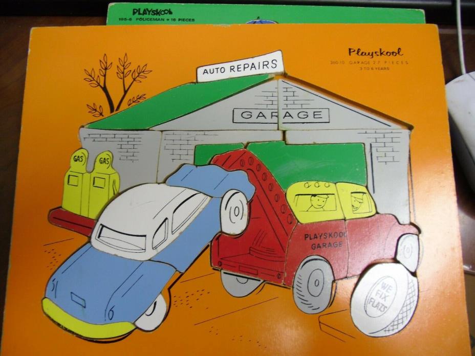 Vintage PLAYSKOOL Wood Childrens Puzzle Garage Gas Service Station 360-10, 27pcs