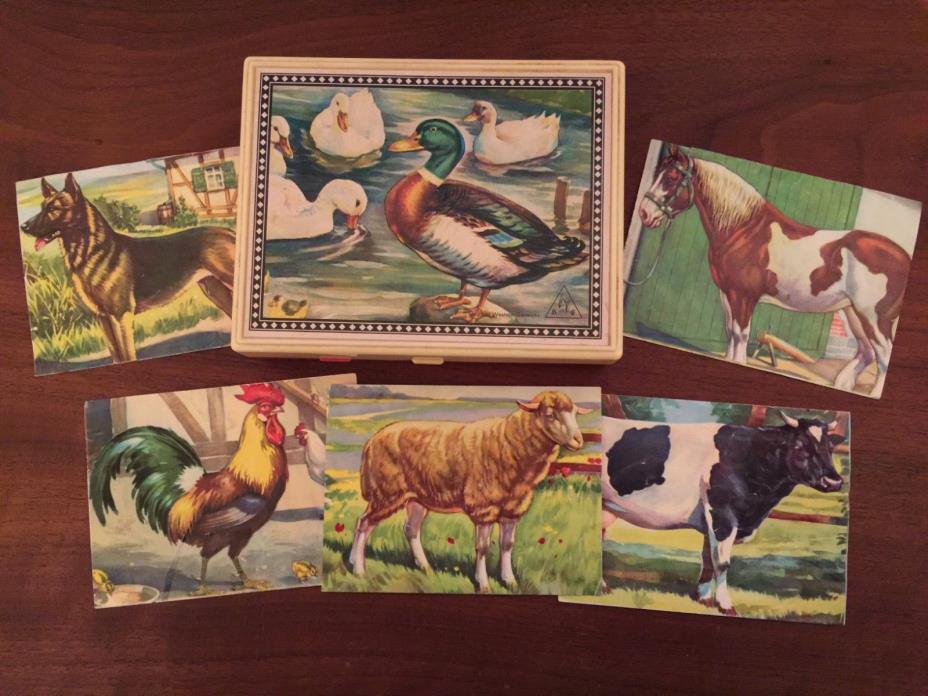 Vintage Western Germany Wooden Picture Puzzle Blocks in Box 6 in 1 Farm Animals