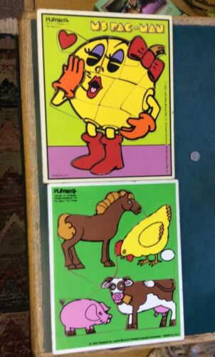 2 Vintage Playskool Wood Puzzles Farm Animals & Ms. Pacman