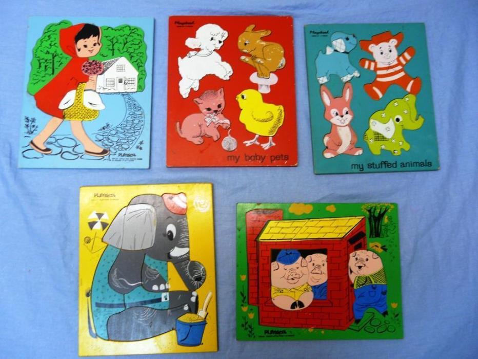 Lot 5 Vintage Kids Wooden Puzzles Playskool from 4-21 pieces each