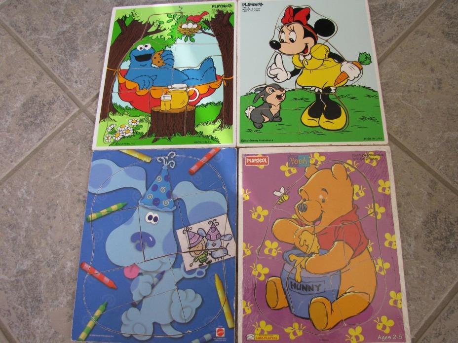 VINTAGE Playskool Pooh, Minnie Mouse, Cookie, BlueClu Wood Wooden Puzzles Lot 4