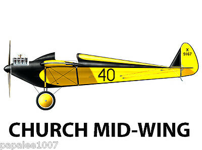 Model Airplane Plans (FF/RC): 1928 Church Mid-Wing 1/6 Scale for .10 (1.5-2cc)