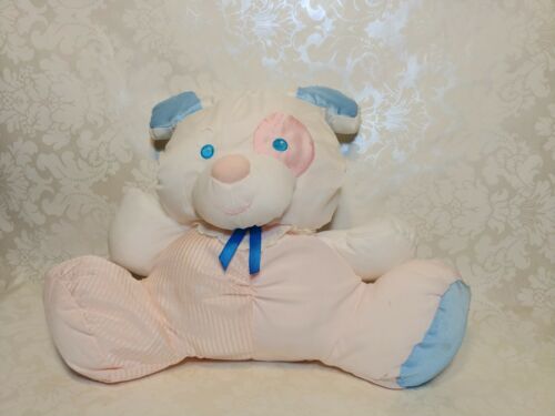 Fisher Price PUFFALUMPS Pink White Blue Plush Bear with Blue Bow Rattle
