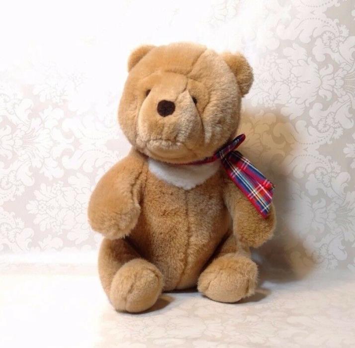 Vintage Gund Brown White Chest Teddy Bear with Plaid Bow