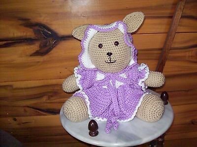 crochet 12in sitting Claudia rabbit toy animal lavendar dress w/bonnet+bloomers