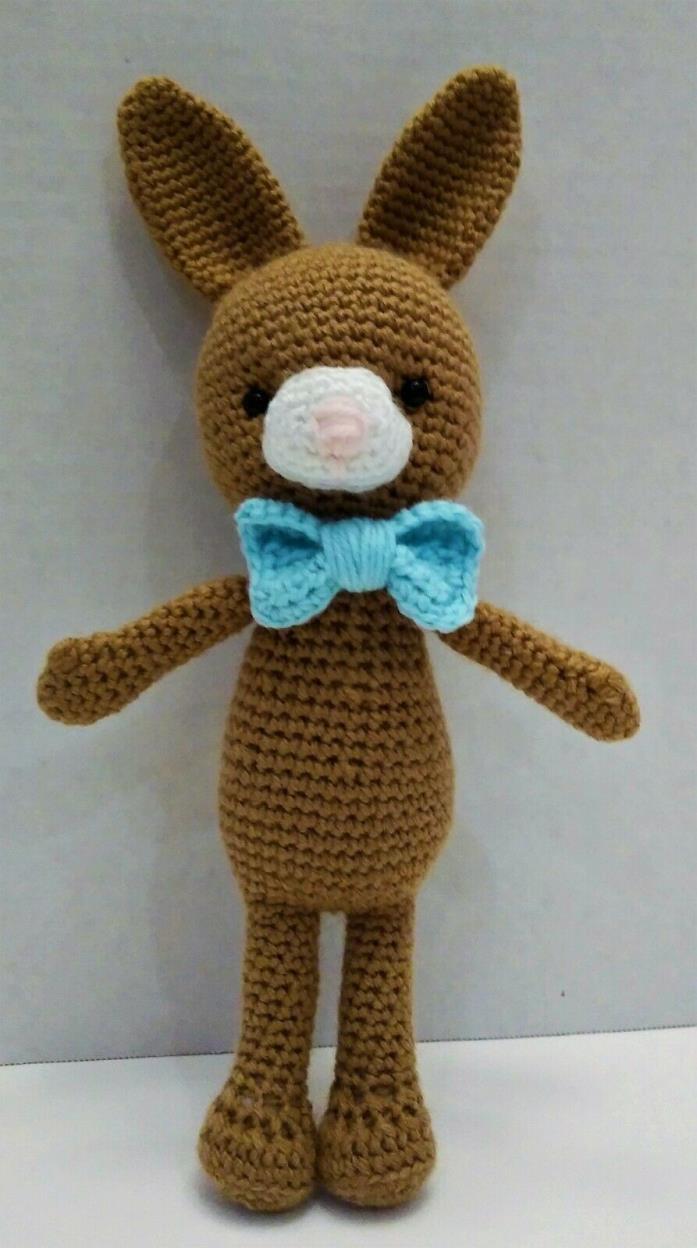 HANDMADE CROCHET BUNNY RABBIT STUFFED TOY WITH BOW TIE, BROWN/WHITE/BLUE 10.5