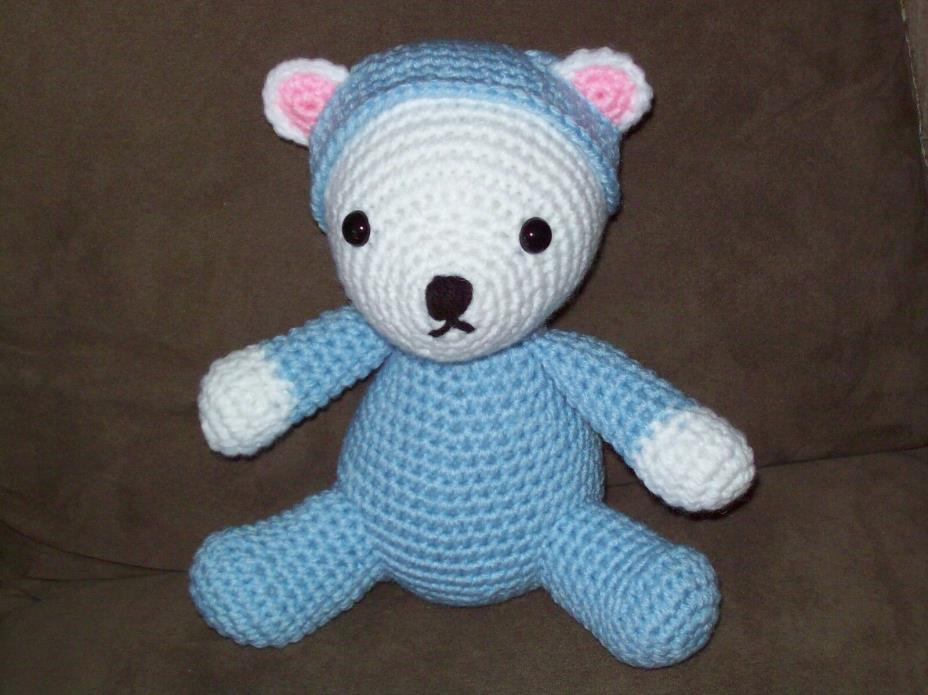 Crochet 8 1/2 in baby Teddy Bear in blue sleeper + cap animal toy doll handmade