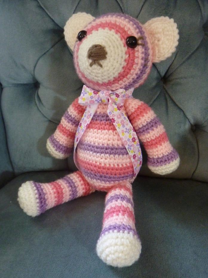 Handmade Crochet Lavender Pink Striped Teddy Bear Stuffed Animal Toy