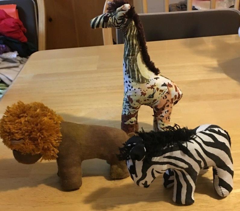 Small Handmade Stuffed Animals From Africa...Lion, Giraffe and Zebra