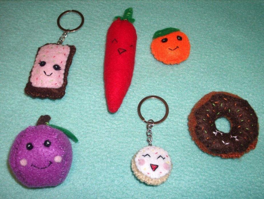 Lot of 6 mini food plush/key chains: cookie, pepper, plum, pastry, donut, orange