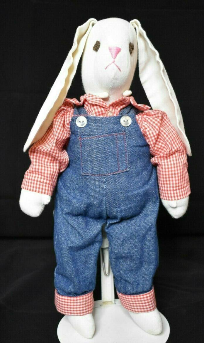 Hand made Bunny Rabbit in Denim Overalls Stuffed Red plaid shirt 15 inches tall