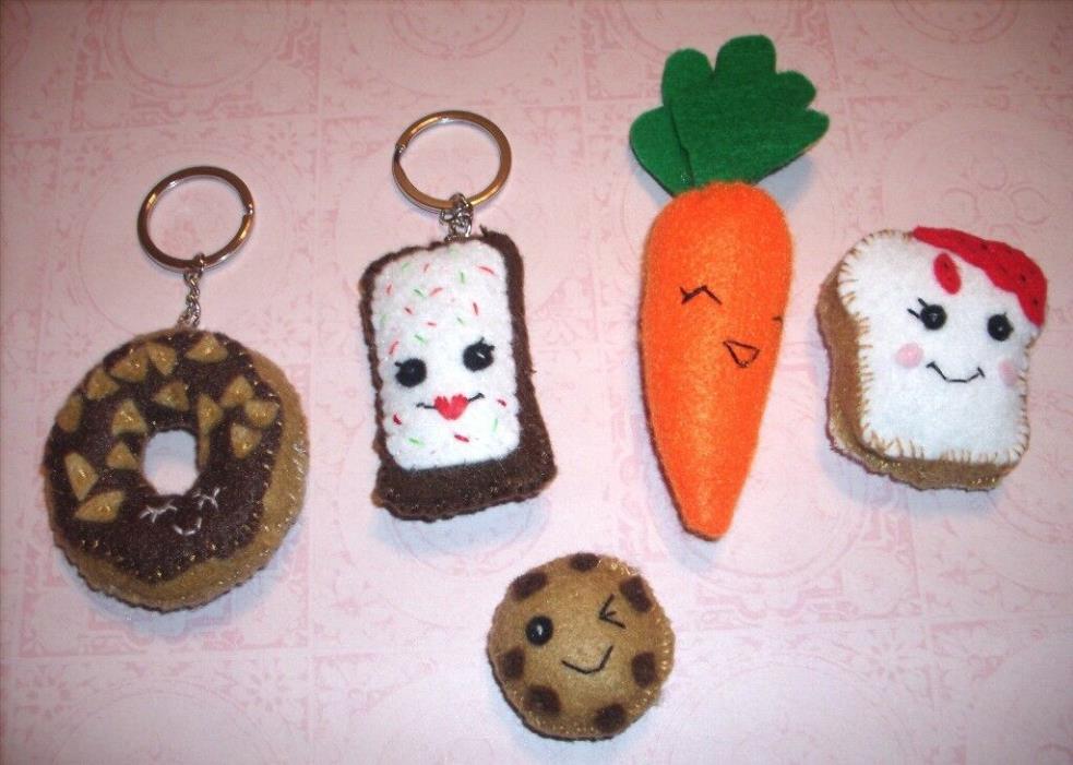 Lot of 5 hand-made mini cute food plushies: donut, toast, pastry, cookie, carrot
