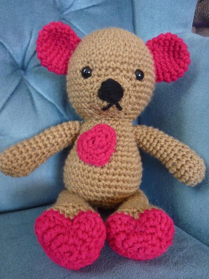 Handmade Crochet Brown Red Heart Teddy Bear Stuffed Animal Toy