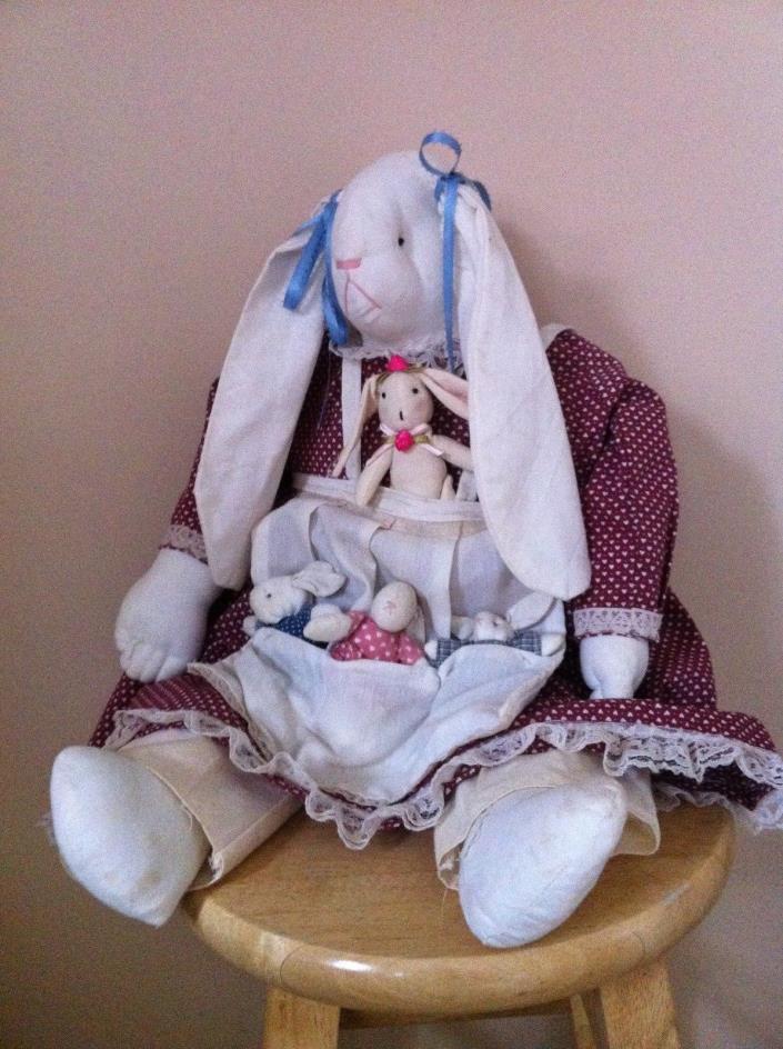 Handmade MOTHER Bunny Rabbit with 4 BABIES in Apron Cloth Stuffed Animal 24