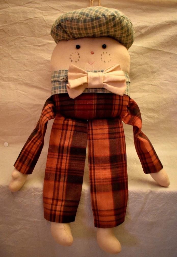 Humpty Dumpty Stuffed Doll Pillow Sit or Hang Plaid Bow Tie over 13 inches tall