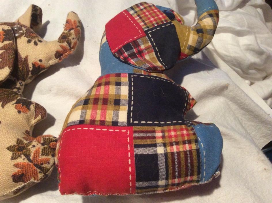 3 Vintage Handmade Material Stuffed Elephants