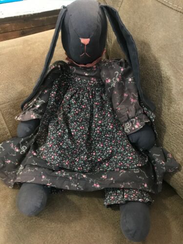 Vintage Floppy Ear Black Bunny Rabbit Handmade Stuffed Doll W/ Country Outfit