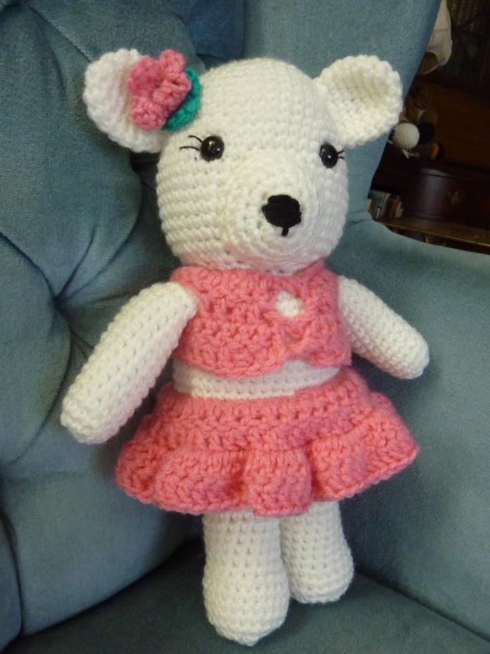 Handmade Crochet White Teddy Bear Pink Dress Flower Stuffed Animal Toy