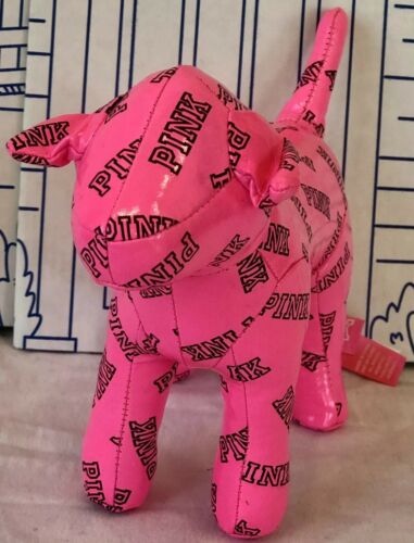 New VICTORIAS SECRET Pink Puppy Black Logo Print Vinyl Shiny DOG Plush Doll Toy