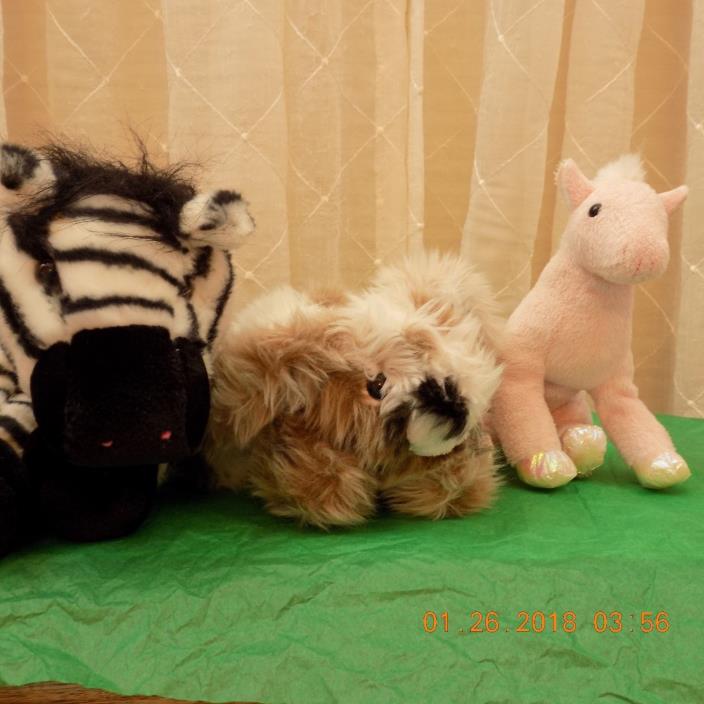 lot of three plush animal toys zebra, rabbit and pink horse or pony