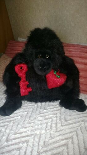 Large black Gorilla monkey ape Valentine red Heart & Key plush long soft hair
