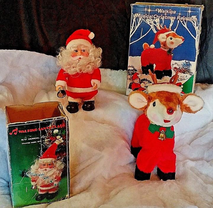Vintage Walking Musical Christmas Reindeer AND Vintage Walking Musical Santa