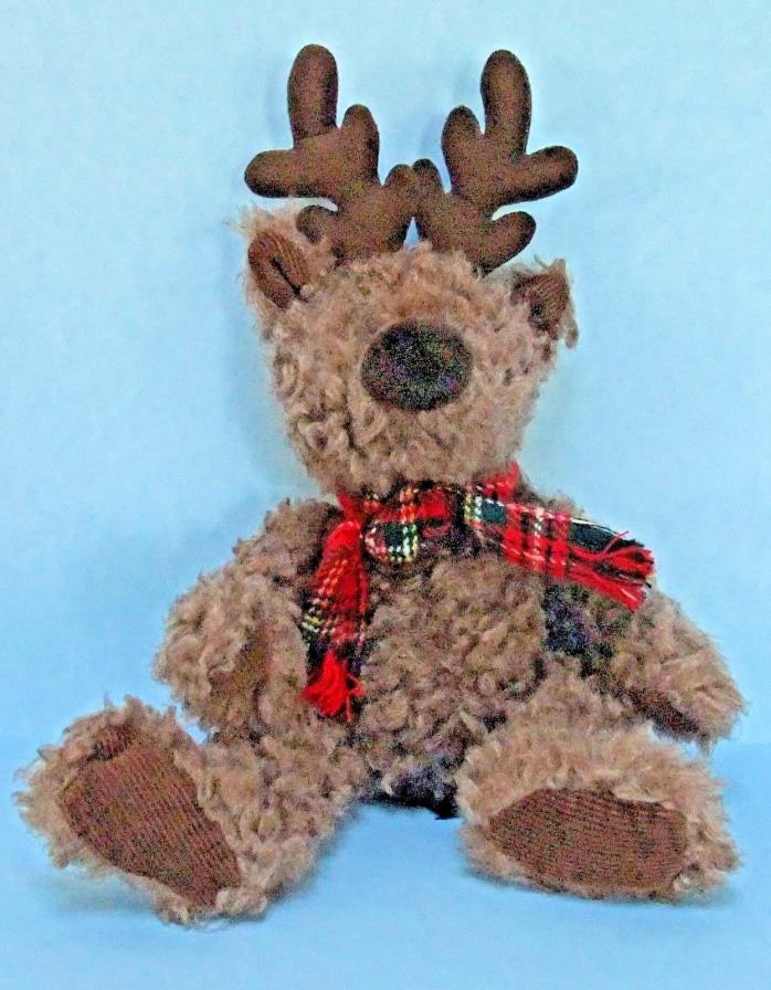 Russ Berrie Buck Brown Bear With Reindeer Antlers and Red Plaid Scarf