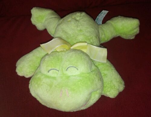 Russ baby green cuddle frog soft plush yellow bow with rattle #21741