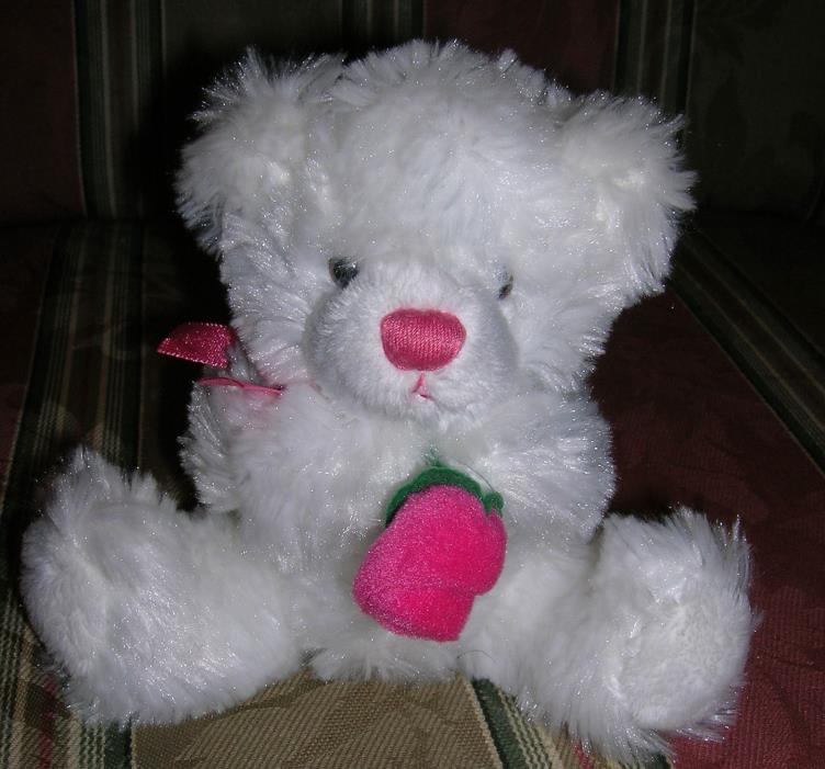 ?RUSS?ROSALEE STUFFED BEAR?PERFECT DISPLAY WHITE BEAR & PINK ROSE BUD?EUC
