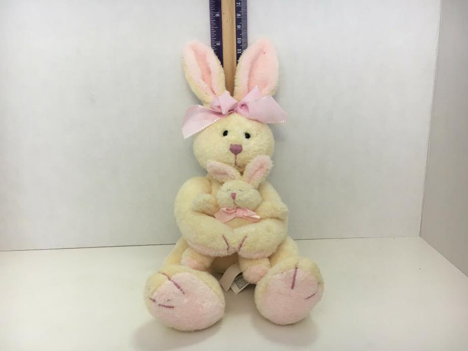 Russ plush yellow bunny rabbit holding baby - Easter, Spring, Baby shower