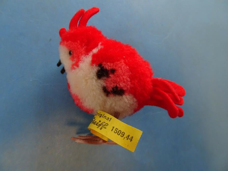1950’s Steiff Wool Pompom Bird  2 1/2”T red, drk coral, wht, blck, tag 1509,44