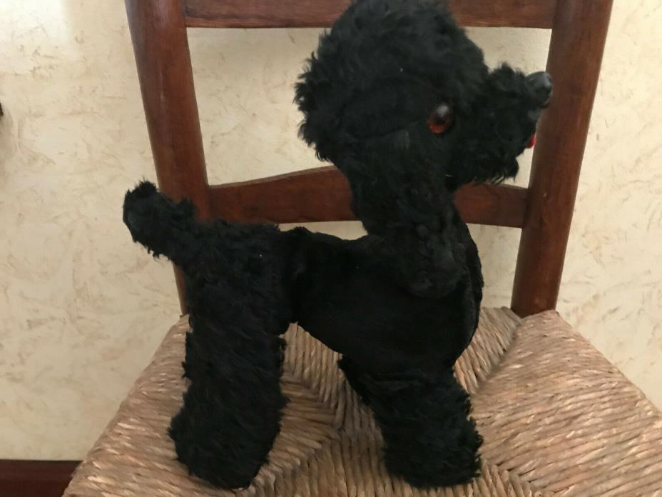 Vintage 1950s Black Poodle Dog Mohair Stuffed Plush Animal Toy